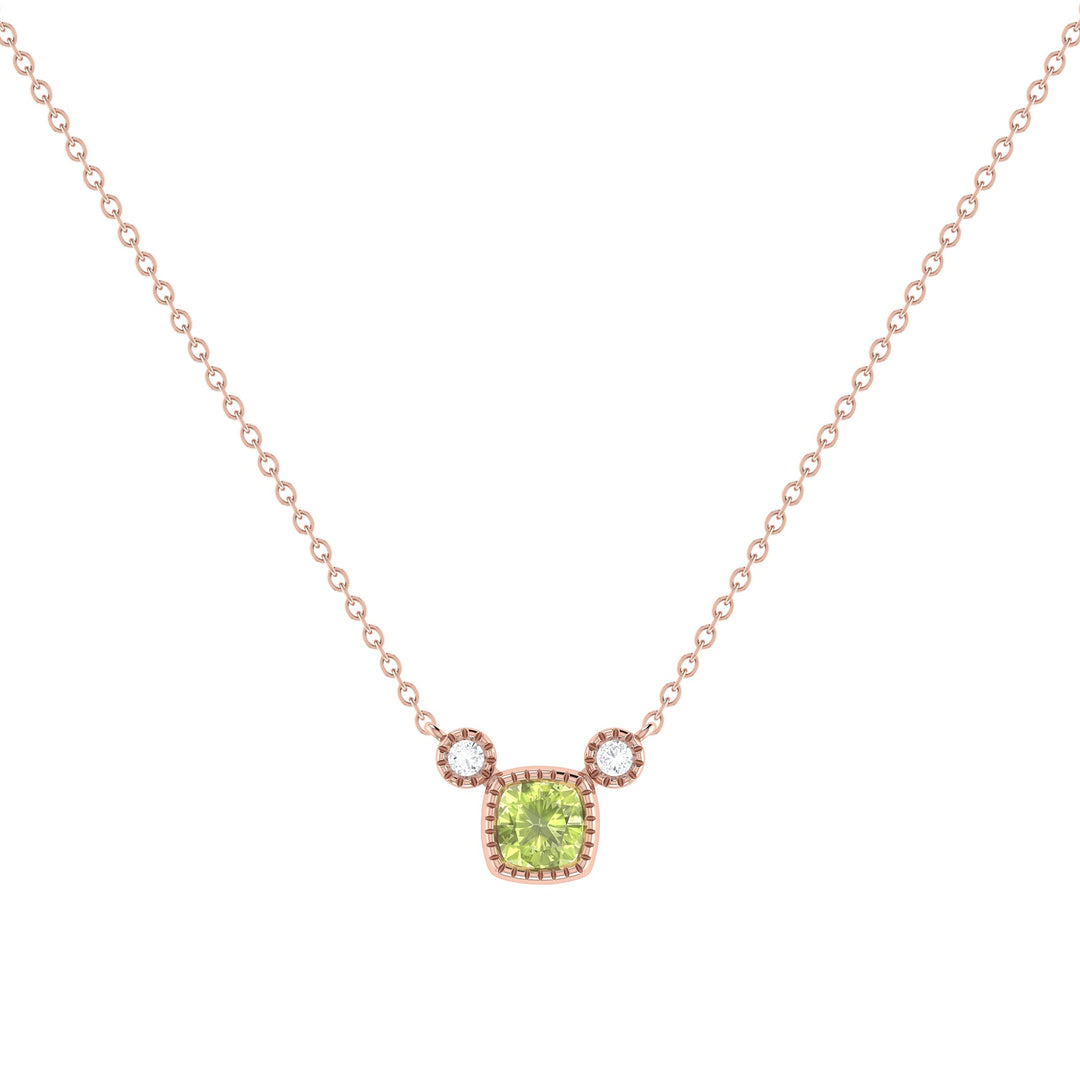 Cushion Cut Peridot & Diamond Birthstone Necklace In 14K Rose Gold