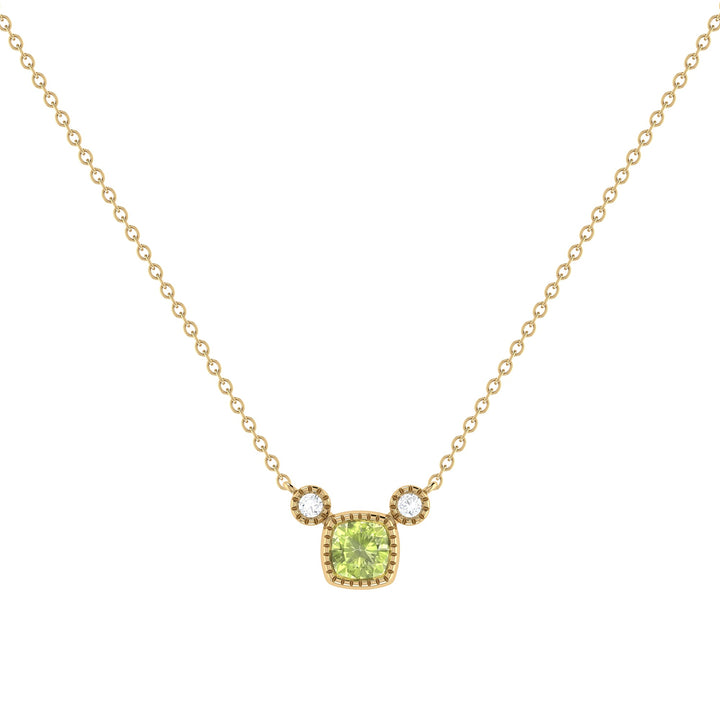 Cushion Cut Peridot & Diamond Birthstone Necklace In 14K Yellow Gold