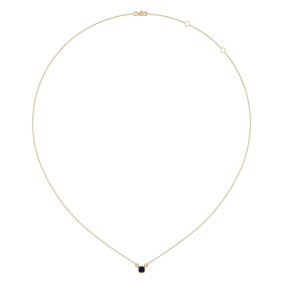 Cushion Cut Sapphire & Diamond Birthstone Necklace In 14K Yellow Gold