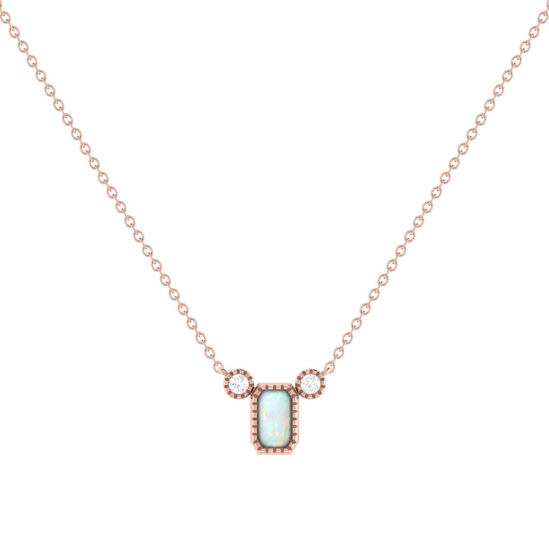Emerald Cut Opal & Diamond Birthstone Necklace In 14K Rose Gold