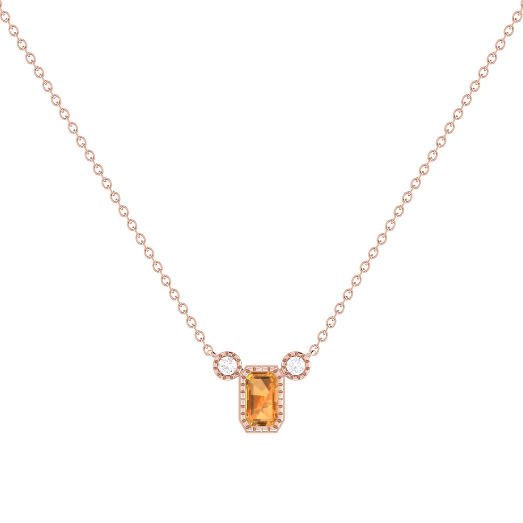Emerald Cut Citrine & Diamond Birthstone Necklace In 14K Rose Gold