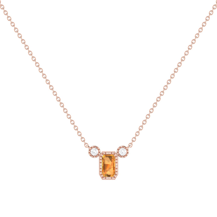 Emerald Cut Citrine & Diamond Birthstone Necklace In 14K Rose Gold