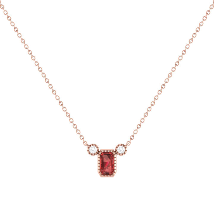 Emerald Cut Garnet & Diamond Birthstone Necklace In 14K Rose Gold
