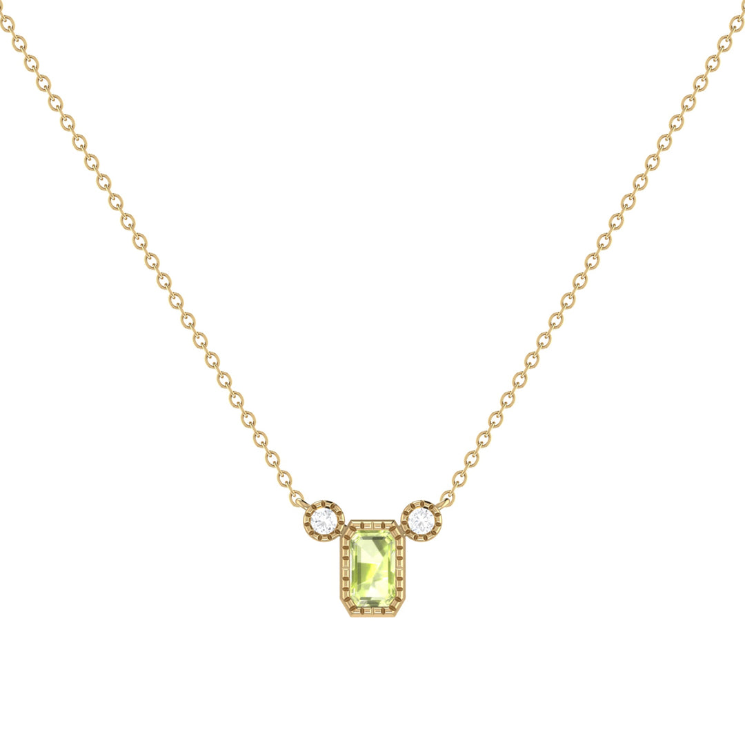 Emerald Cut Peridot & Diamond Birthstone Necklace In 14K Yellow Gold