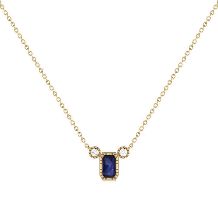 Emerald Cut Sapphire & Diamond Birthstone Necklace In 14K Yellow Gold