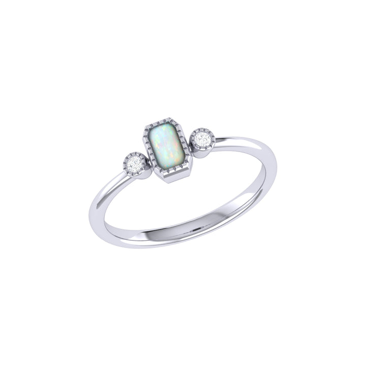 Emerald Cut Opal & Diamond Birthstone Ring In 14K White Gold