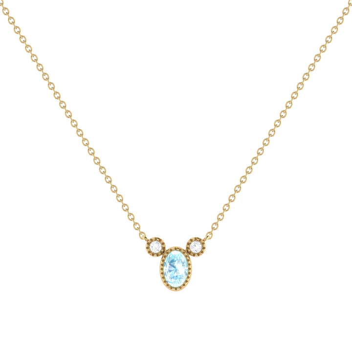 Oval Cut Aquamarine & Diamond Birthstone Necklace In 14K Yellow Gold