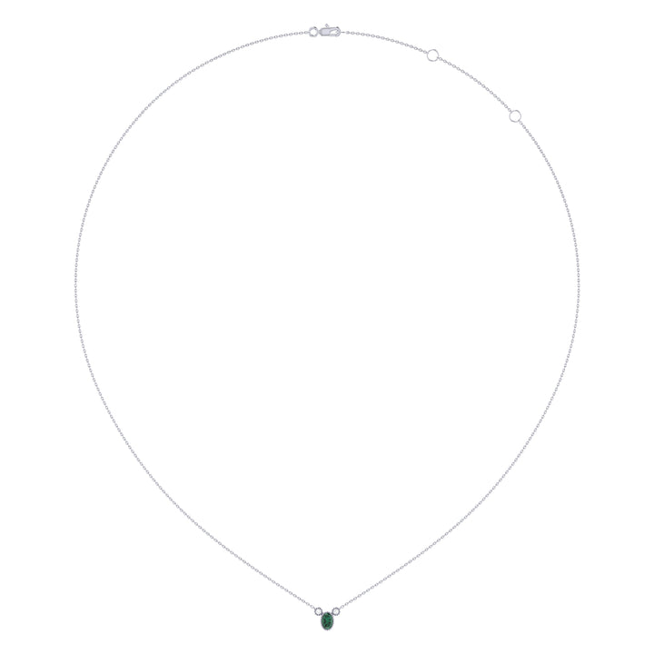 Oval Cut Emerald & Diamond Birthstone Necklace In 14K White Gold