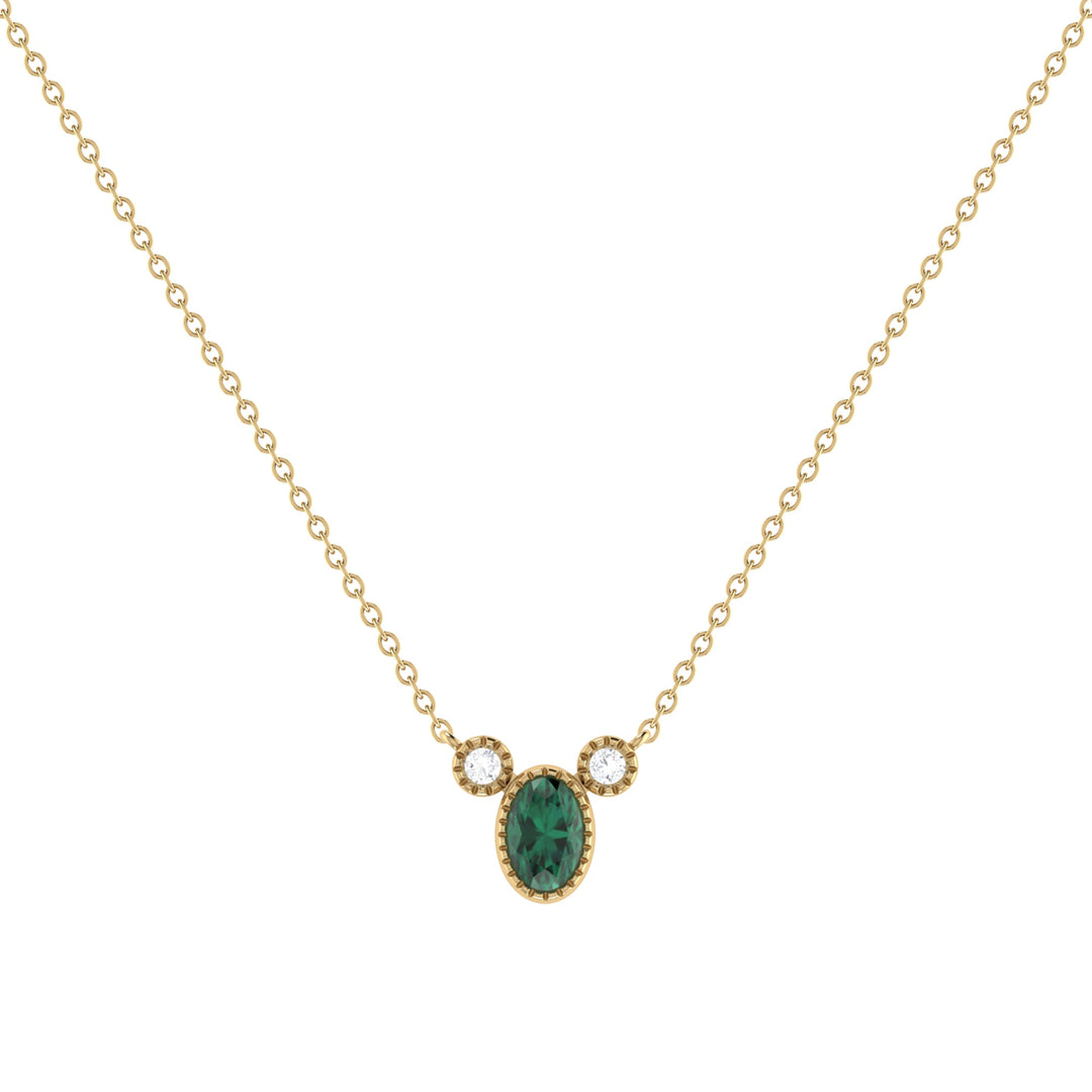 Oval Cut Emerald & Diamond Birthstone Necklace In 14K Yellow Gold