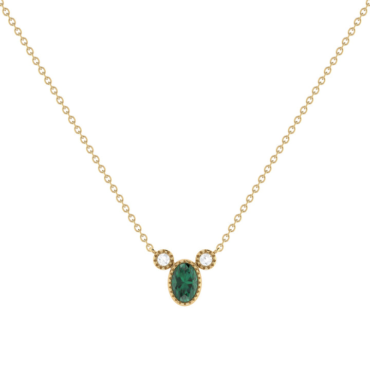 Oval Cut Emerald & Diamond Birthstone Necklace In 14K Yellow Gold