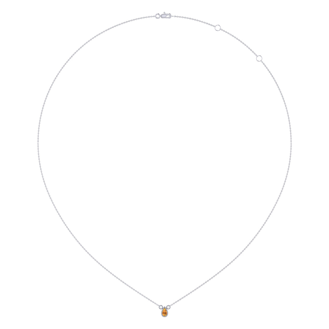 Pear Shaped Citrine & Diamond Birthstone Necklace In 14K White Gold