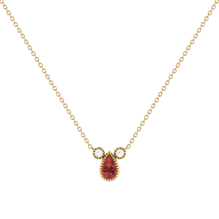 Pear Shaped Garnet & Diamond Birthstone Necklace In 14K Yellow Gold