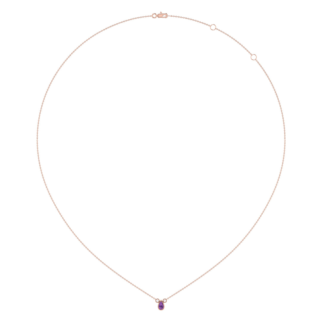 Pear Shaped Amethyst & Diamond Birthstone Necklace In 14K Rose Gold