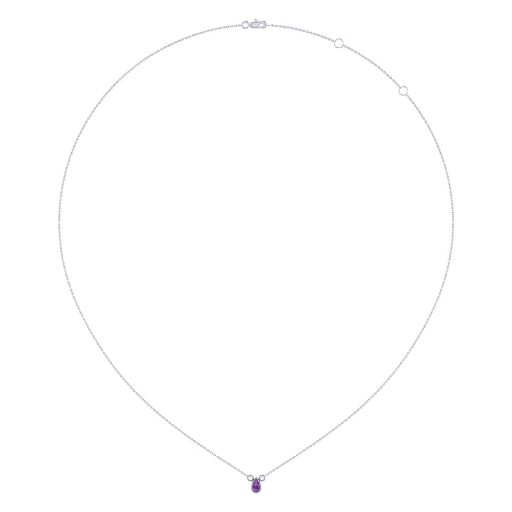 Pear Shaped Amethyst & Diamond Birthstone Necklace In 14K White Gold