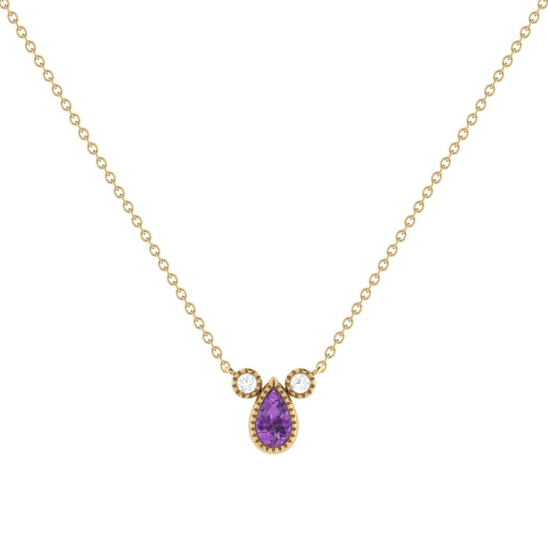Pear Shaped Amethyst & Diamond Birthstone Necklace In 14K Yellow Gold