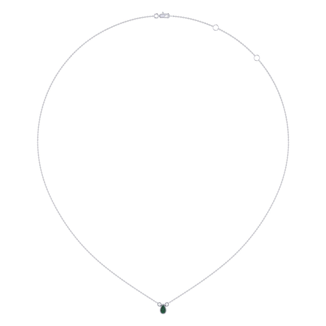 Pear Shaped Emerald & Diamond Birthstone Necklace In 14K White Gold