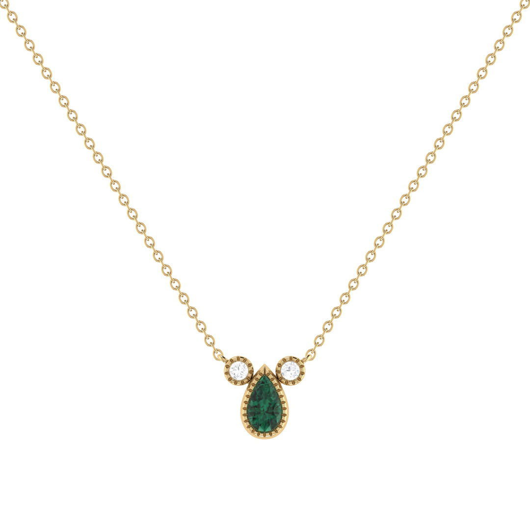 Pear Shaped Emerald & Diamond Birthstone Necklace In 14K Yellow Gold