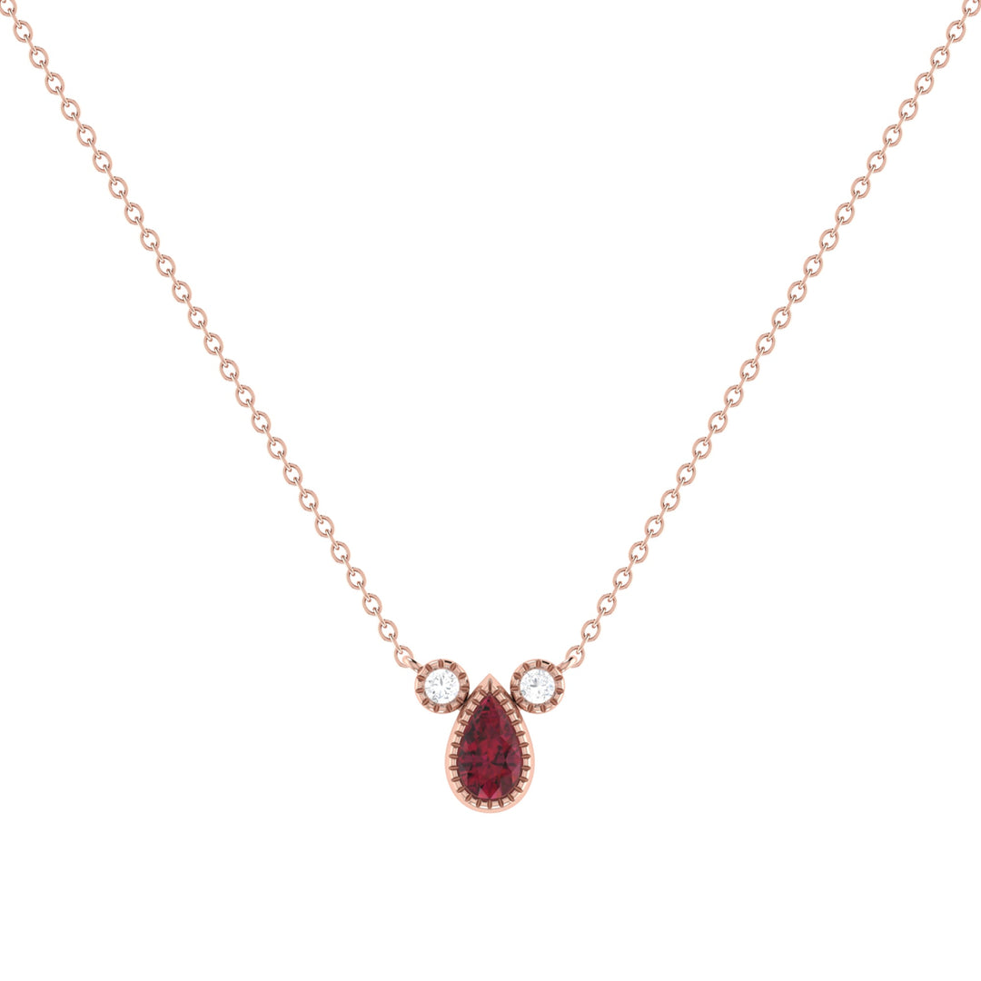 Pear Shaped Ruby & Diamond Birthstone Necklace In 14K Rose Gold