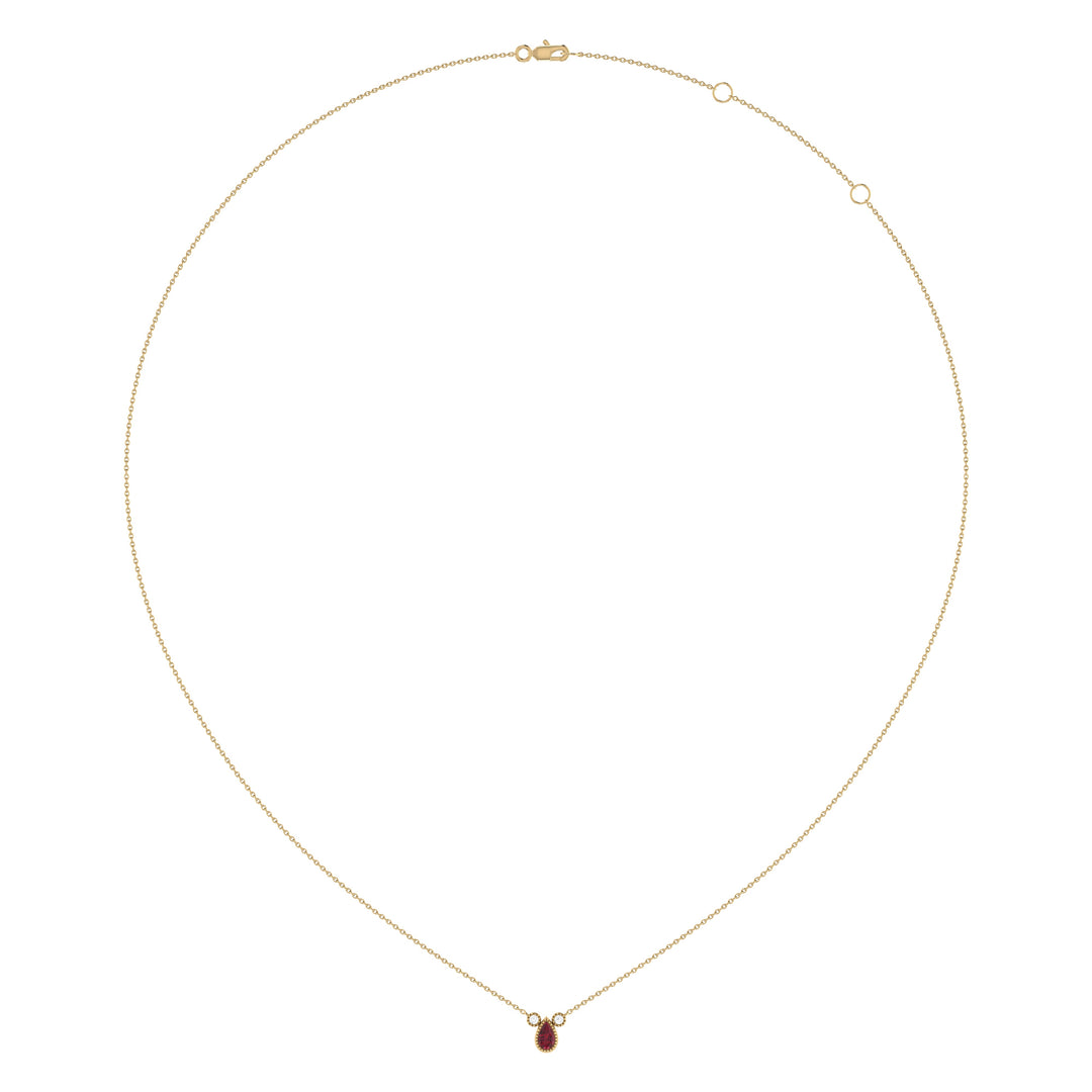 Pear Shaped Ruby & Diamond Birthstone Necklace In 14K Yellow Gold