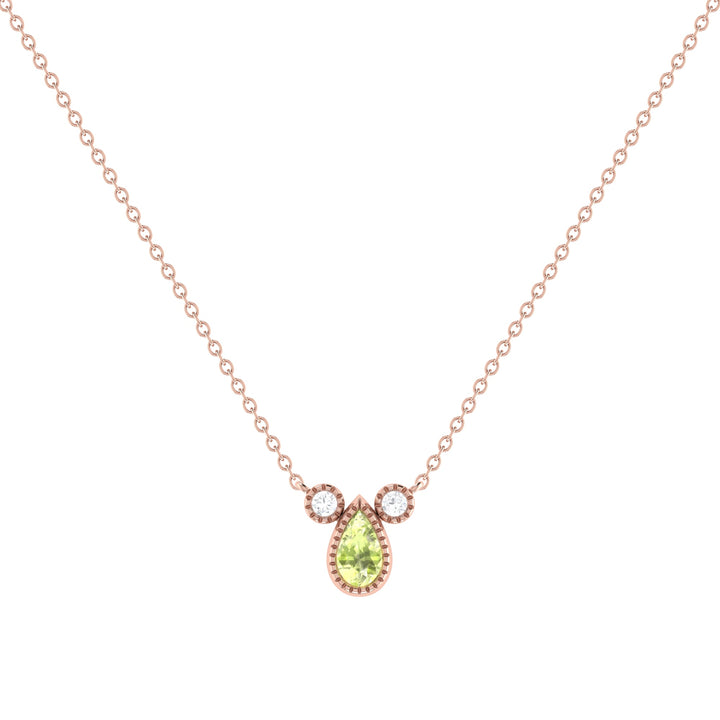 Pear Shaped Peridot & Diamond Birthstone Necklace In 14K Rose Gold