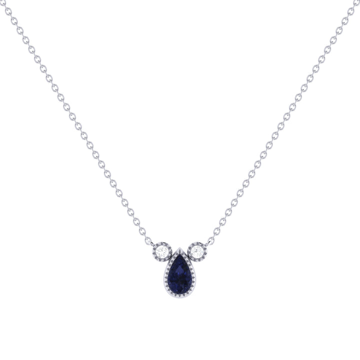 Pear Shaped Sapphire & Diamond Birthstone Necklace In 14K White Gold