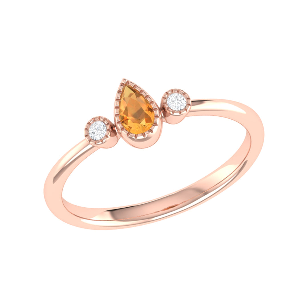 Pear Shaped Citrine & Diamond Birthstone Ring In 14K Rose Gold
