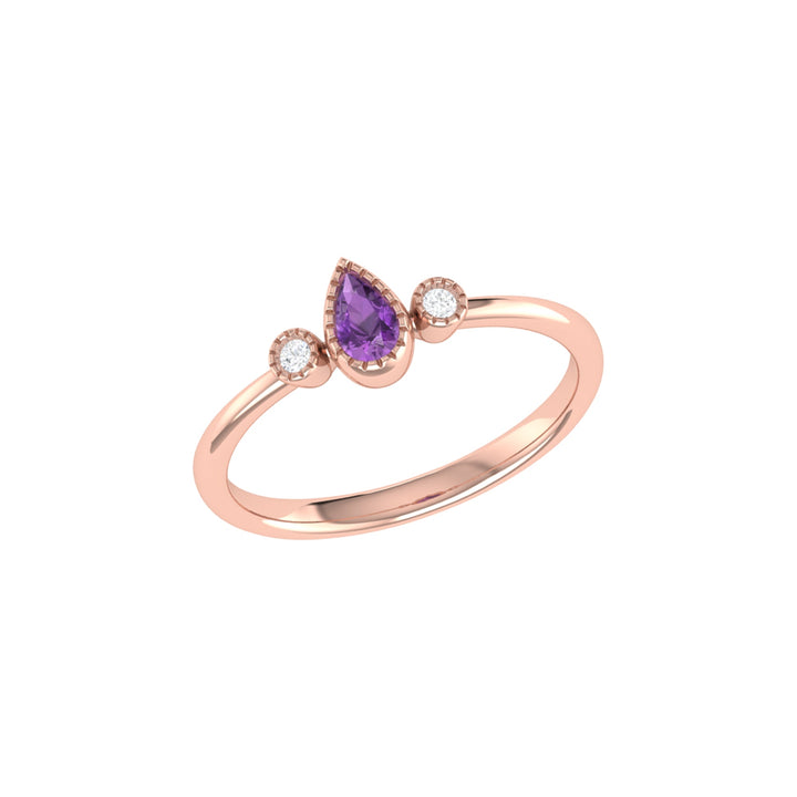 Pear Shaped Amethyst & Diamond Birthstone Ring in 14K Rose Gold