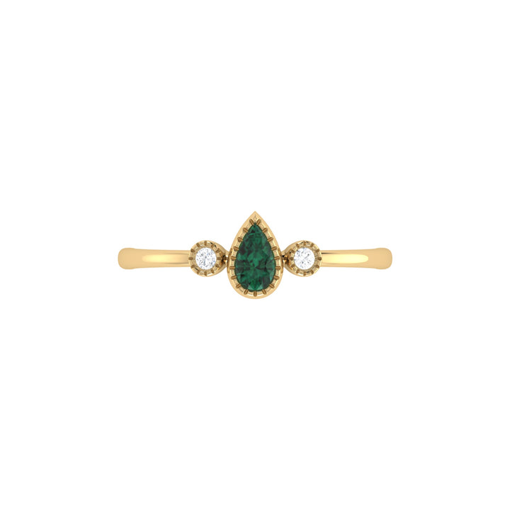Pear Shaped Emerald & Diamond Birthstone Ring In 14K Yellow Gold