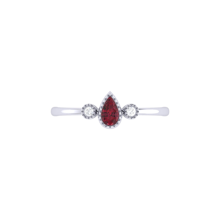 Pear Shaped Ruby & Diamond Birthstone Ring In 14K White Gold