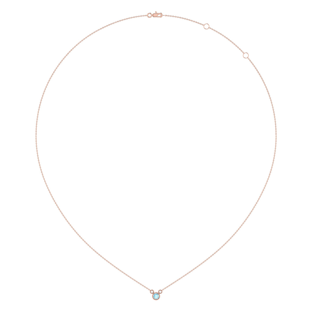 Round Cut Aquamarine & Diamond Birthstone Necklace In 14K Rose Gold