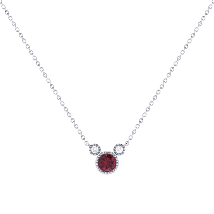 Round Cut Ruby & Diamond Birthstone Necklace In 14K White Gold
