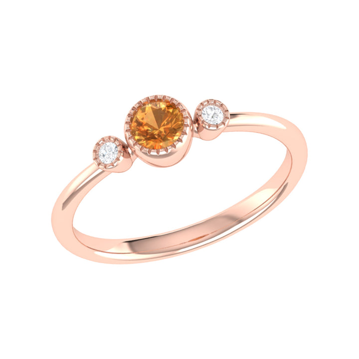 Round Cut Citrine & Diamond Birthstone Ring In 14K Rose Gold