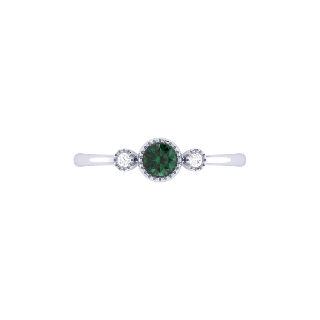 Round Cut Emerald & Diamond Birthstone Ring In 14K White Gold