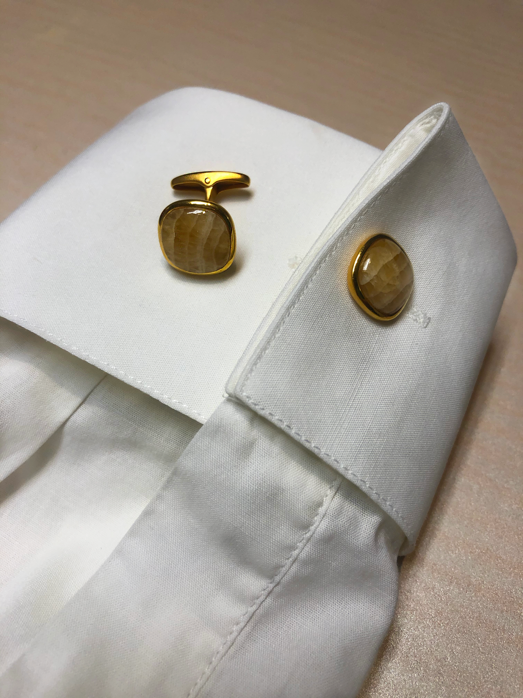 Yellow Lace Agate Stone Cufflinks in 14K Yellow Gold Plated Sterling Silver