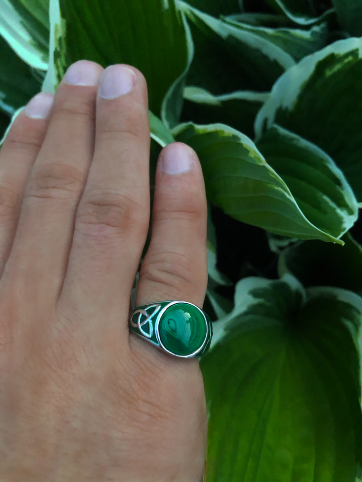 Malachite Cabochon Flat Back Stone Signet Ring in Sterling Silver with Enamel