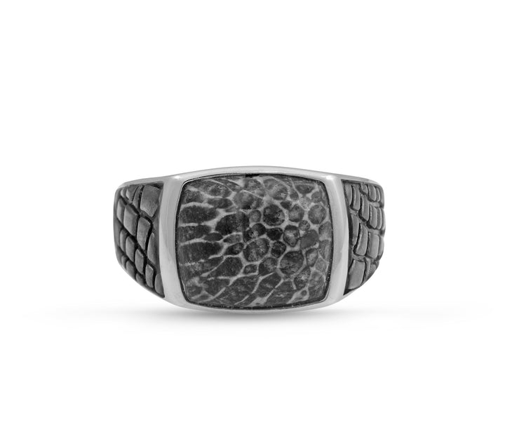 Fossil Agate Stone Signet Ring in Black Rhodium Plated Sterling Silver