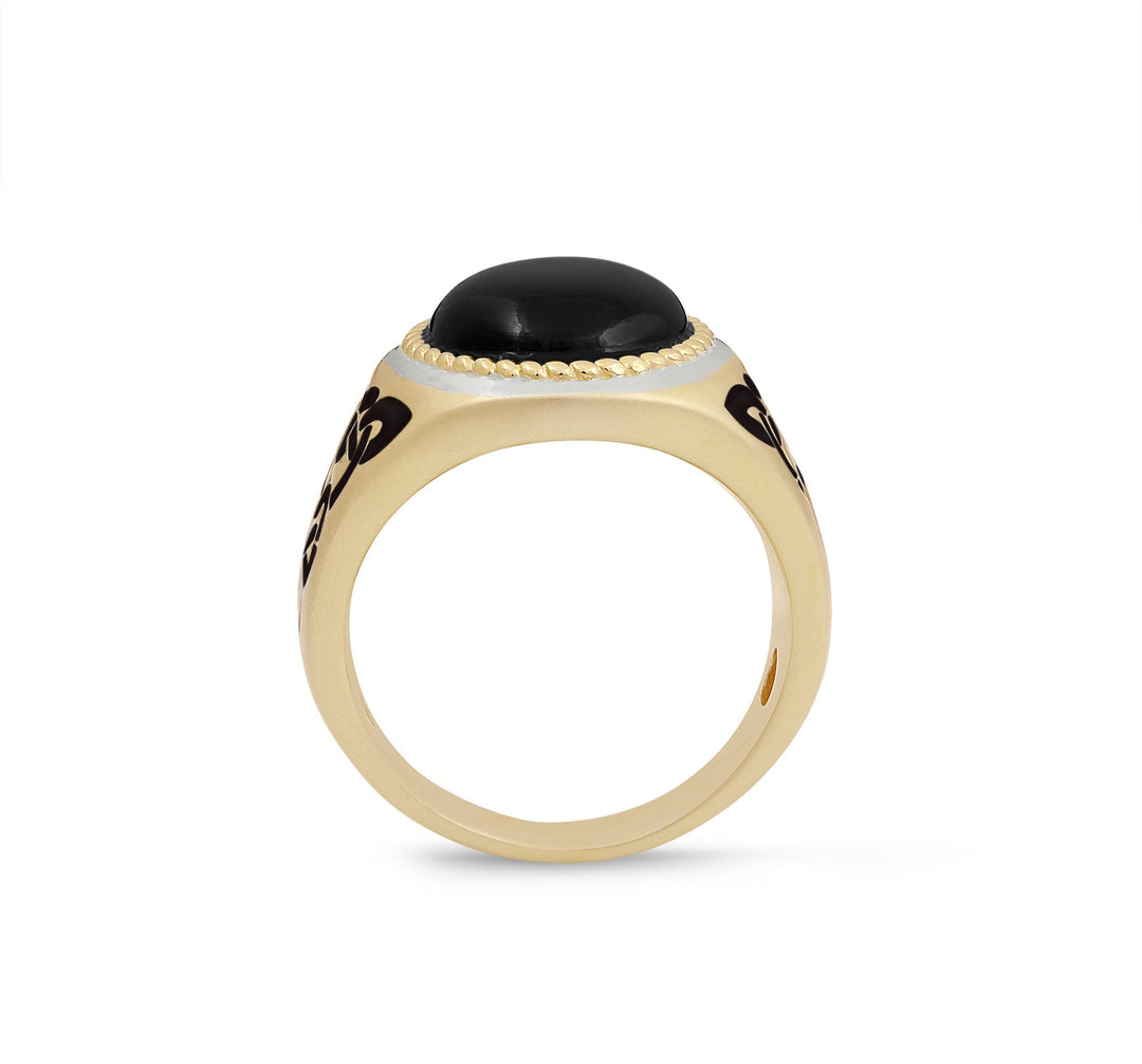 Black Onyx Stone Signet Ring in 14K Yellow Gold Plated Sterling Silver with Enamel