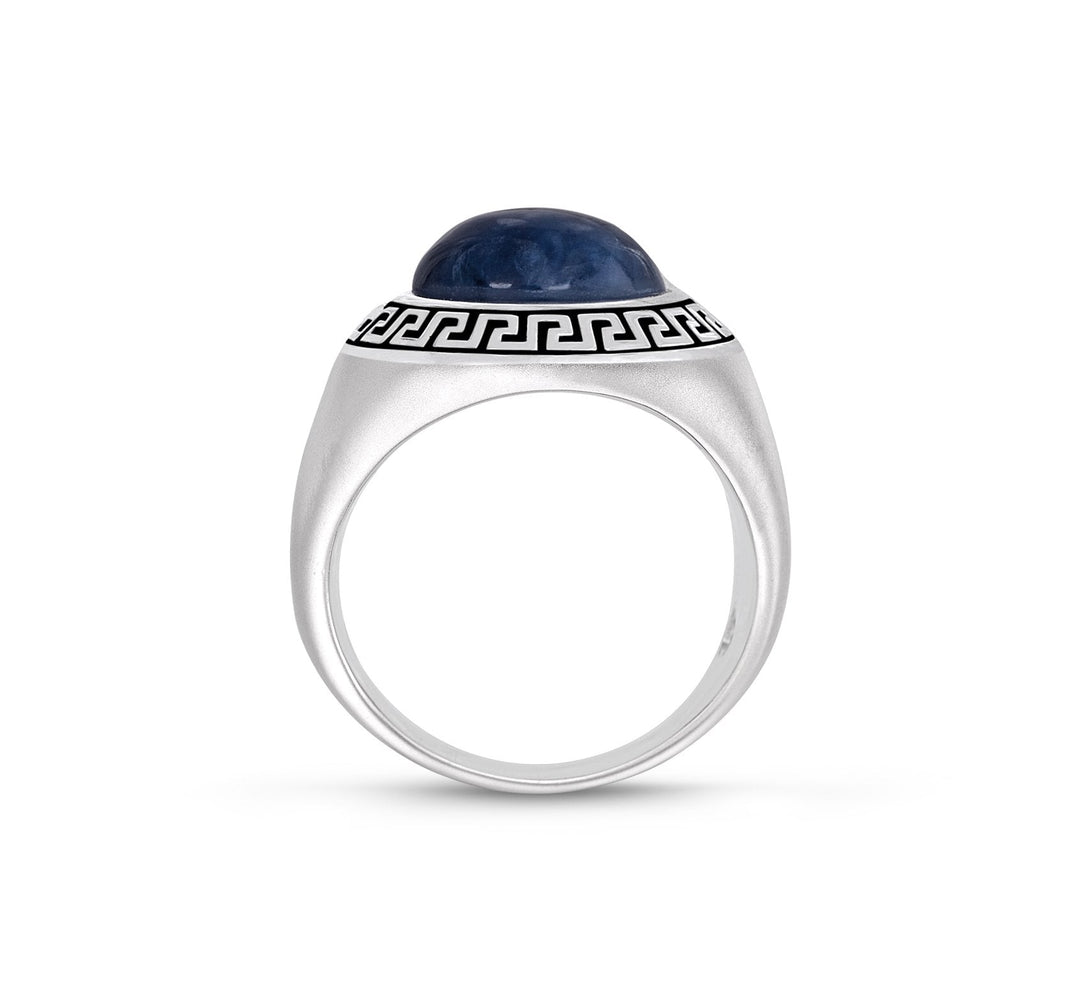 Blue Apatite Stone Signet Ring in Black Rhodium Plated Sterling Silver