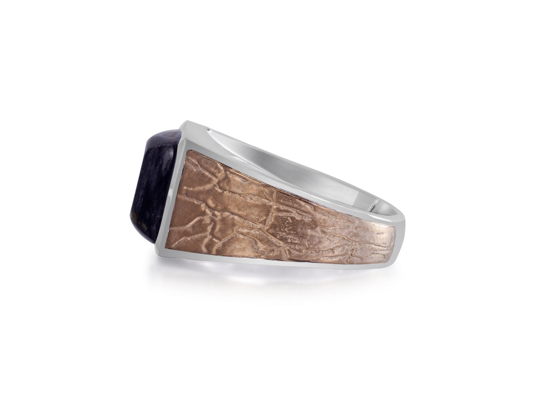 Grey Picture Agate Stone Signet Ring in Brown Rhodium Plated Sterling Silver