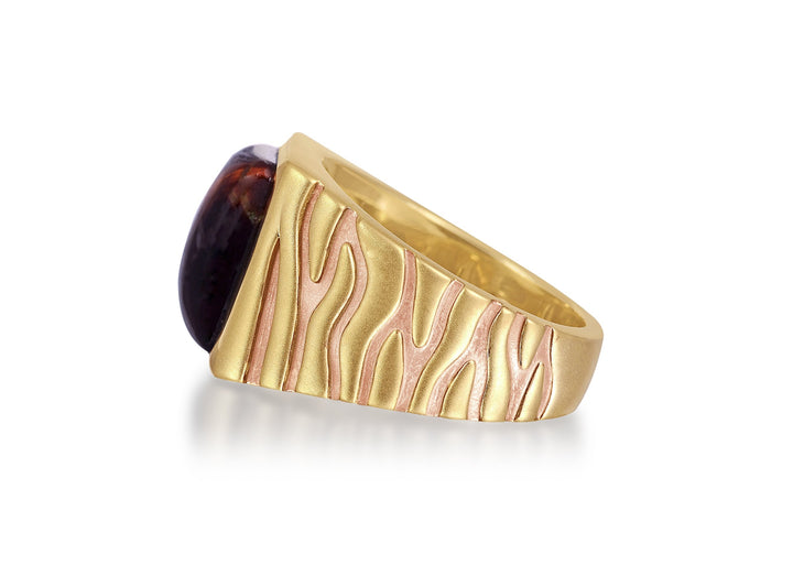 Chatoyant Red Tiger Eye Stone Signet Ring in Brown Rhodium & 14K Yellow Gold Plated Sterling Silver