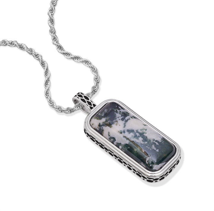 Tree Agate Stone Tag in Black Rhodium Plated Sterling Silver