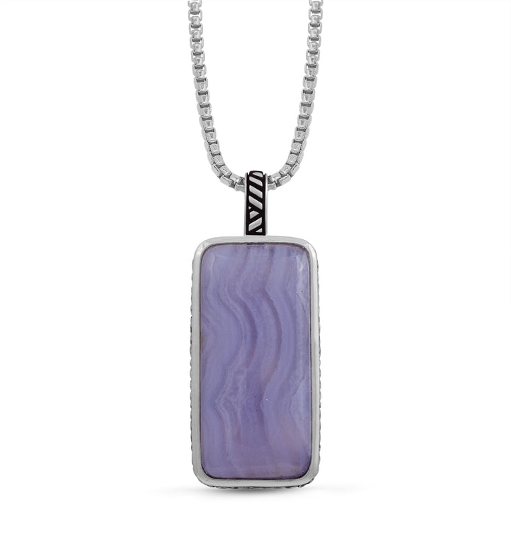 Blue Lace Agate Stone Tag in Black Rhodium Plated Sterling Silver