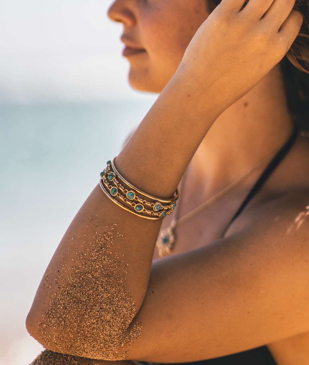 Sunshine & Sea Turquoise Stackable Bangles in 14K Yellow Gold Plated Sterling Silver