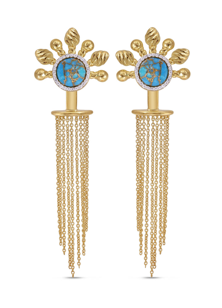 Floating Rays Half Sun Turquoise Detachable Diamond Earrings in 14K Yellow Gold Plated Sterling Silver