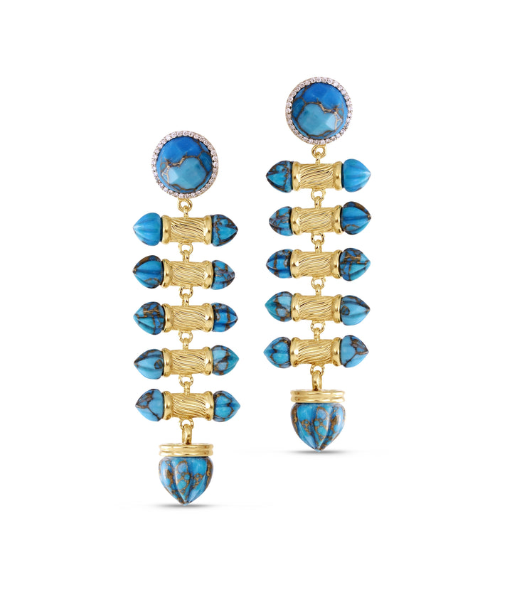 Twisted Rays Turquoise & Diamond Dangle Earrings in 14K Yellow Gold Plated Sterling Silver