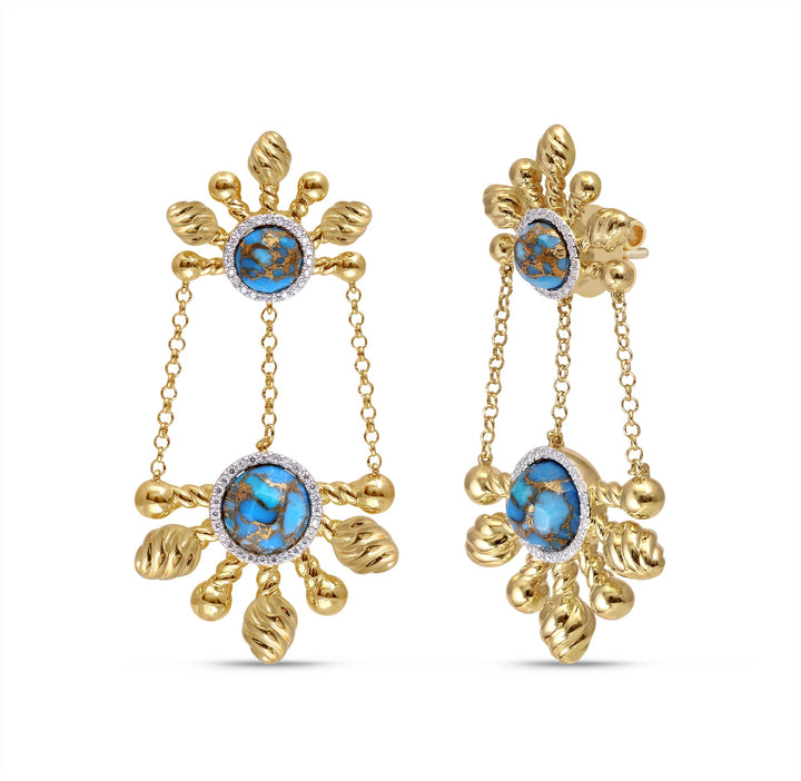 Sunny Cascade Turquoise & Diamond Half Sun Earrings in 14K Yellow Gold Plated Sterling Silver