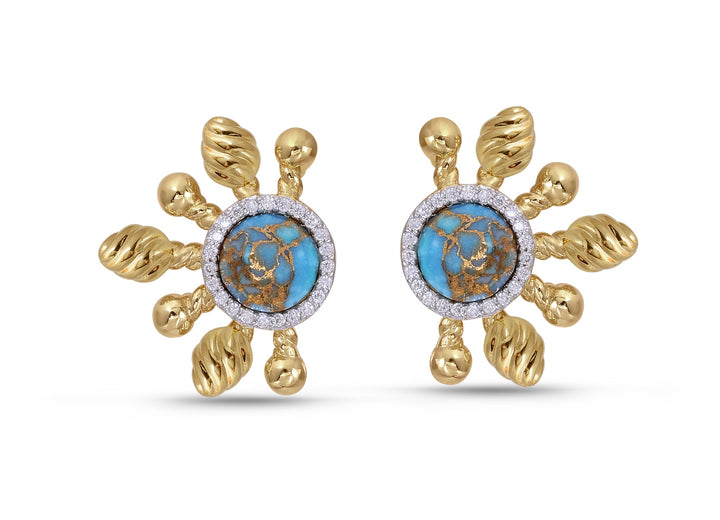 Sun-Day Turquoise & Diamond Half Sun Stud Earrings in 14K Yellow Gold Plated Sterling Silver