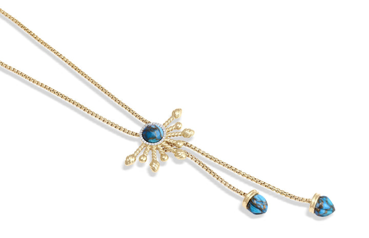 Golden Rays Turquoise Half Sun Diamond Lariat Necklace in 14K Yellow Gold Plated Sterling Silver