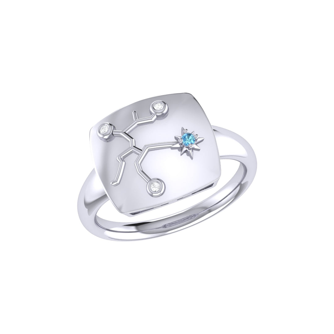 Sagittarius Archer Blue Topaz & Diamond Constellation Signet Ring in 14K White Gold