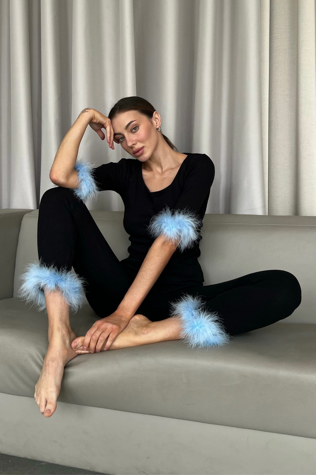 Olivia Pajama Suit with light blue Feathers